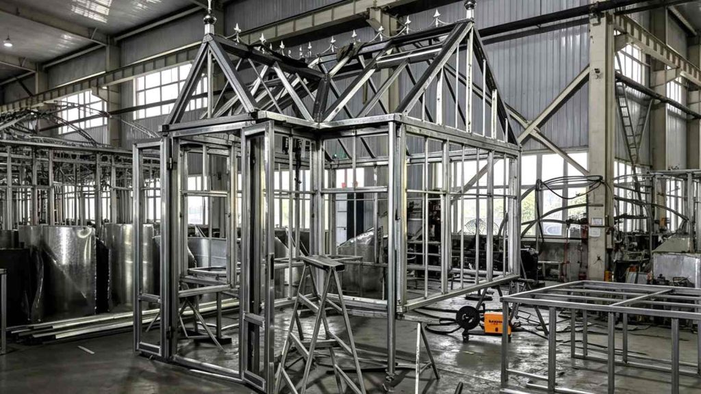 300x300x350cm Victorian greenhouse galvanized frame under trial assembly in factory, Shanghai custom project